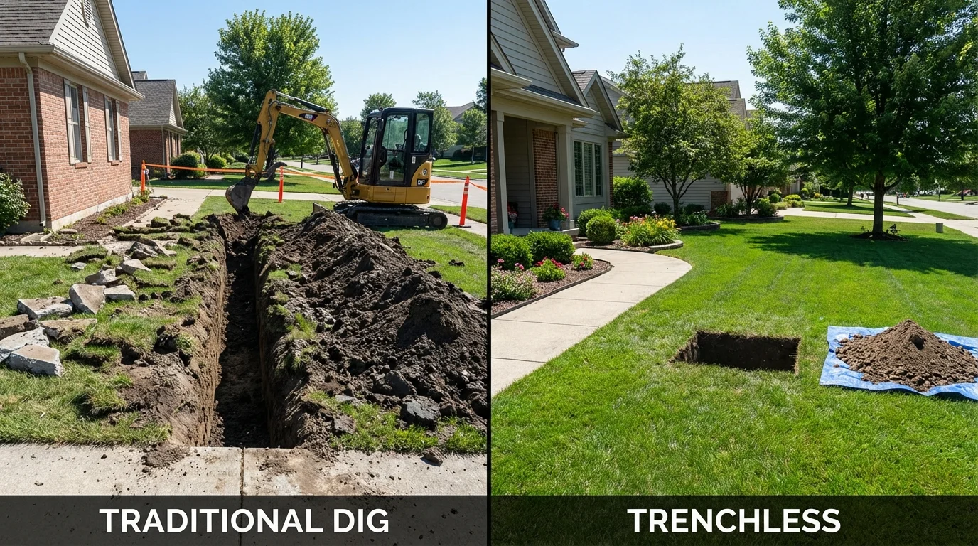 Trenchless sewer repair with minimal yard damage versus traditional excavation in Hoffman Estates, IL
