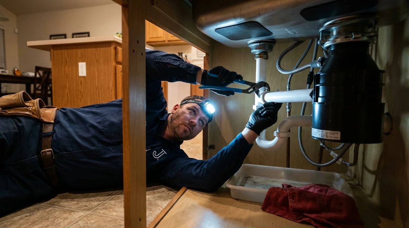 P-trap and supply line connections under a kitchen sink showing a common leak point in Hoffman Estates, IL